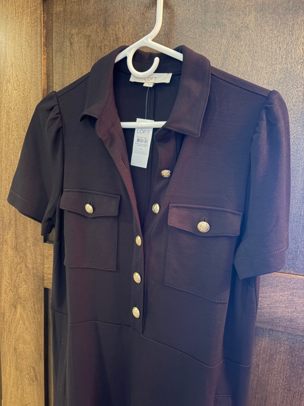 LOFT Black Short-Sleeve Shirt Dress with Gold Buttons - Picture 2 of 3
